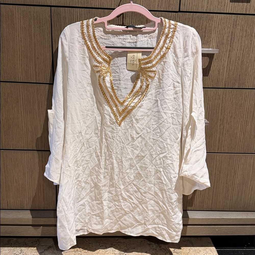 New Guess Marciano Y2K Gold Lace Trim V Neck Silk Sleeve White Blouse S 38